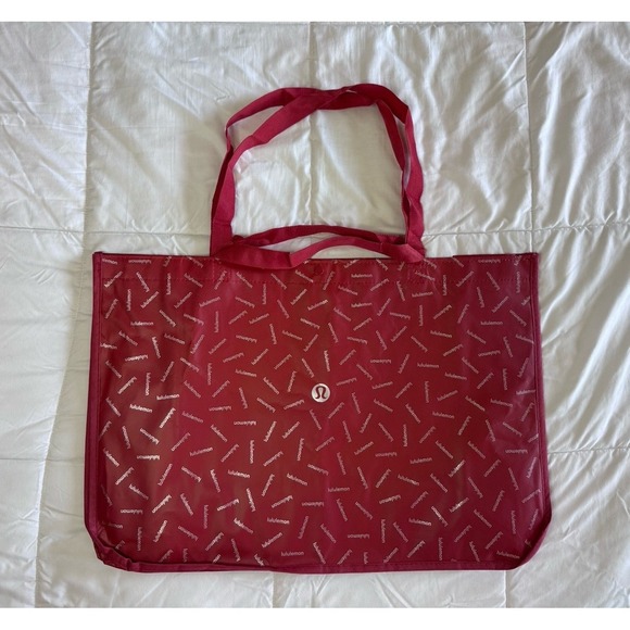 Lululemon Reusable Shopping Gift Bag Tote Yoga Logo 21"x 15 Red Silver New - Picture 1 of 7